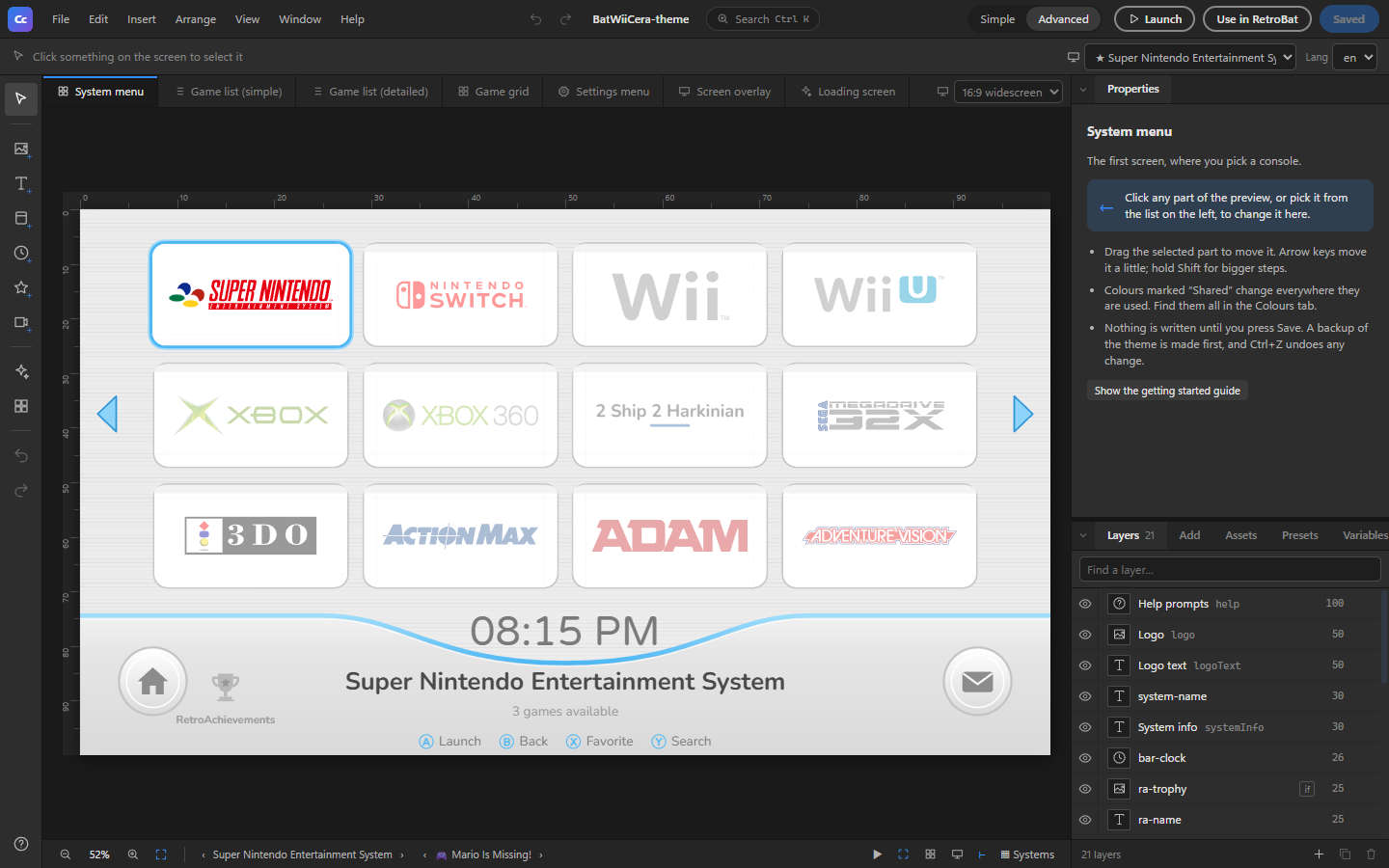 The ChannelCraft Studio editor showing a Wii-style RetroBat system menu