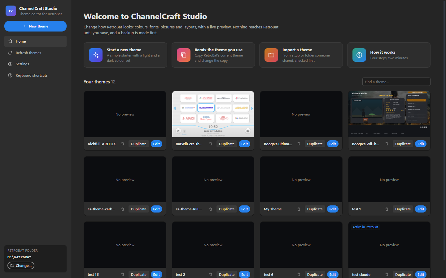 The home screen listing installed RetroBat themes