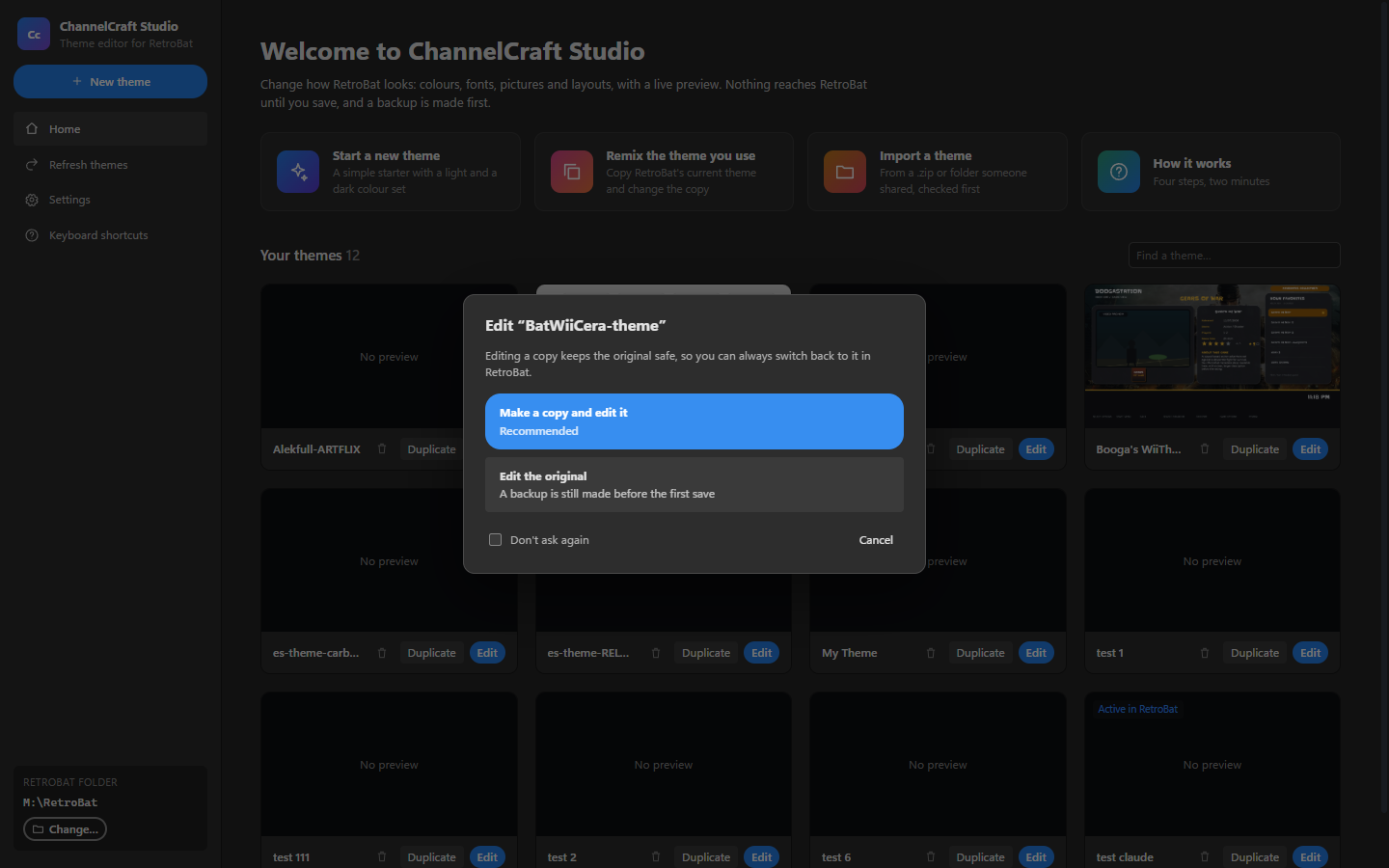 Dialog offering to make a copy of a theme before editing it